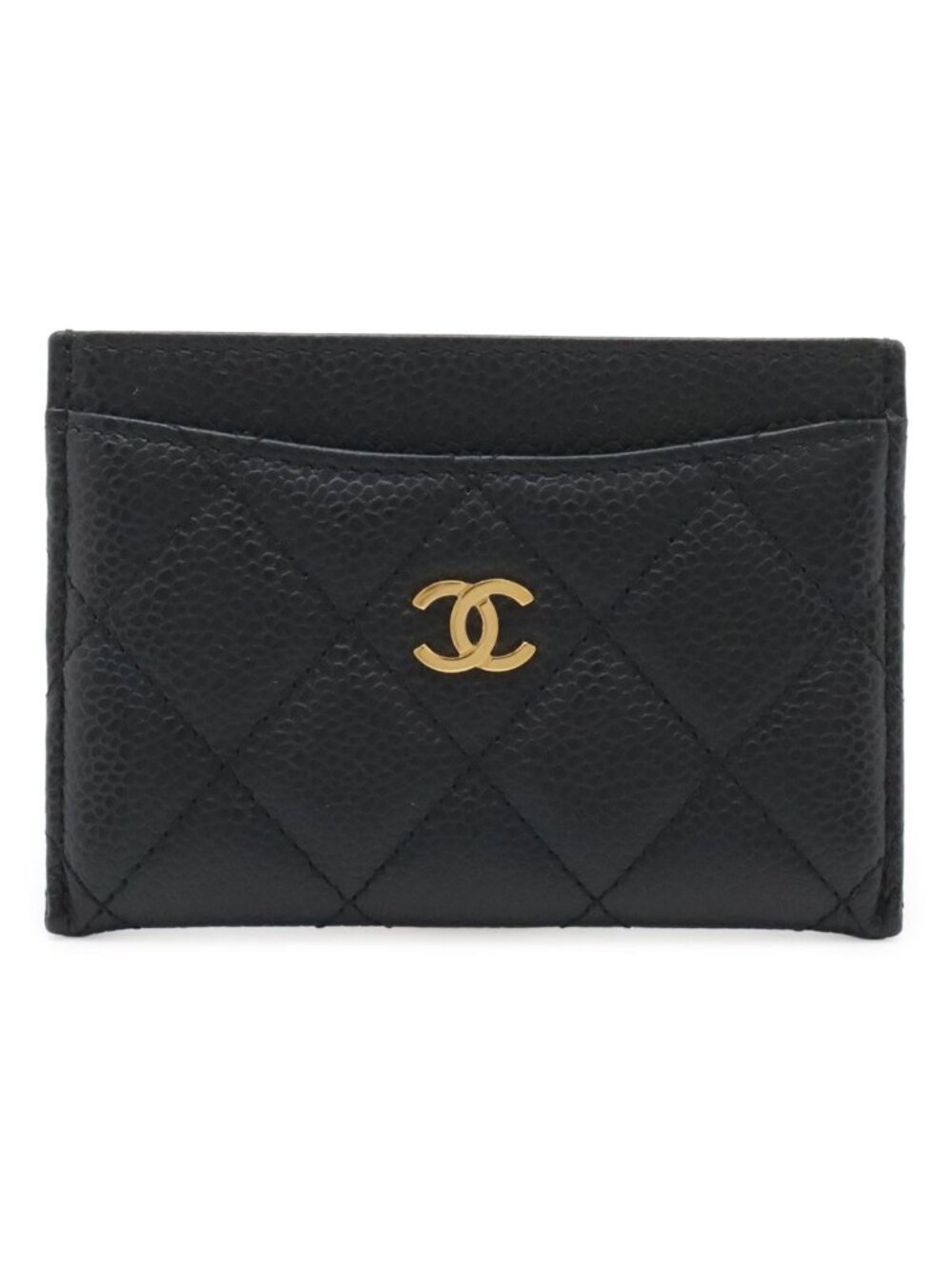 Chanel Quilted Classic Card Case CC Logo Business Caviar Leather Black Gold